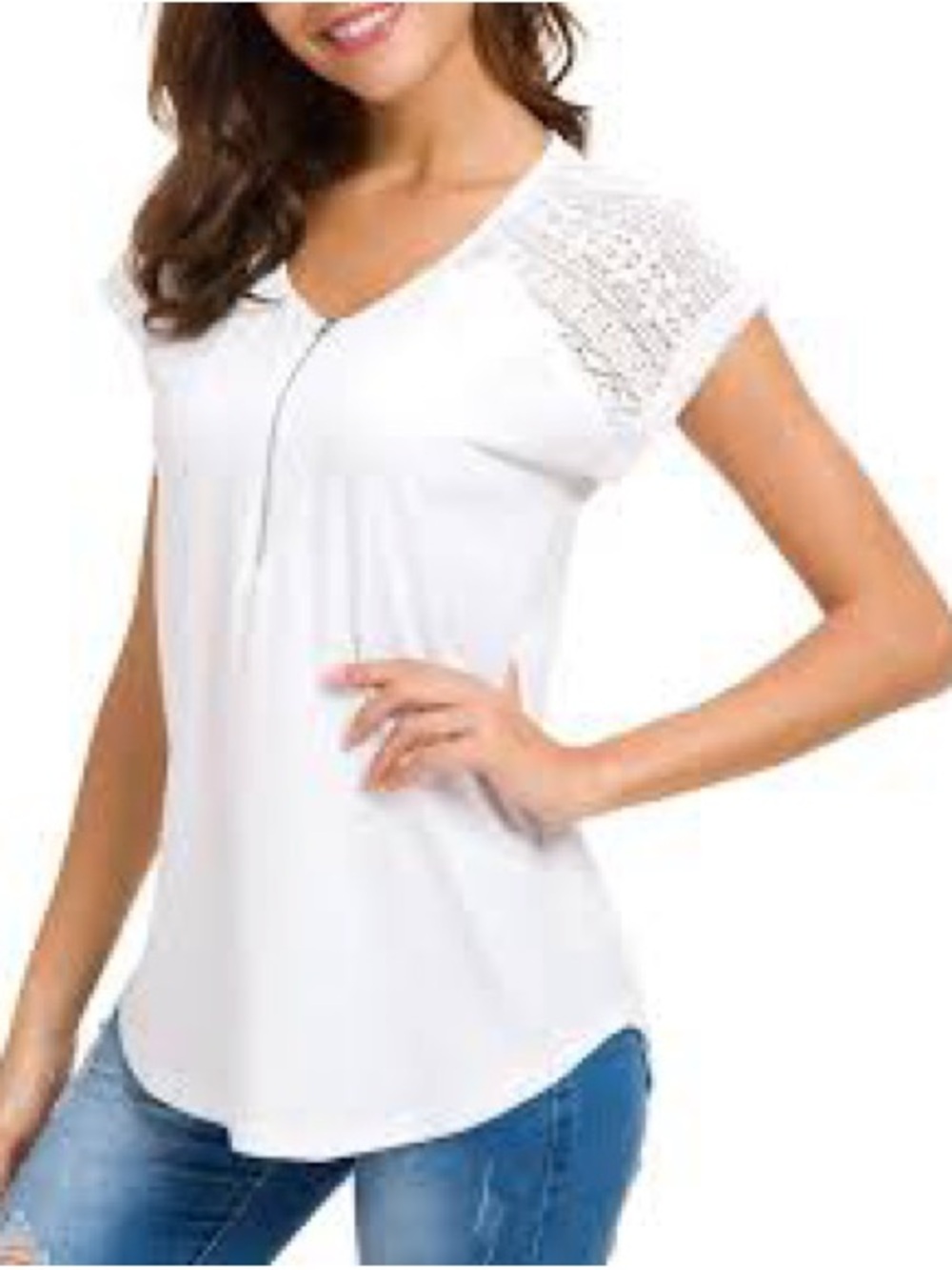 Daisy Fuentes White Short Sleeve Lace Shoulder Zip Front Top